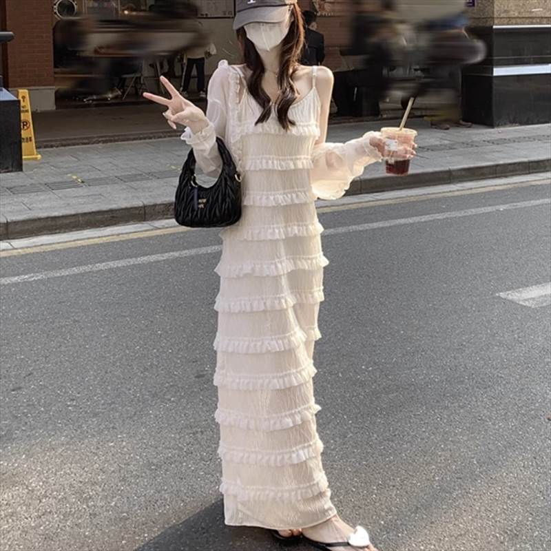 【P2倍&クーポン有】キャミワンピ ワンピース レディース 春 夏 秋 ロング丈 マキシ丈 ラウンドネック フレア 透け感 伸縮性 ホワイト 白 ゆったり フリ...