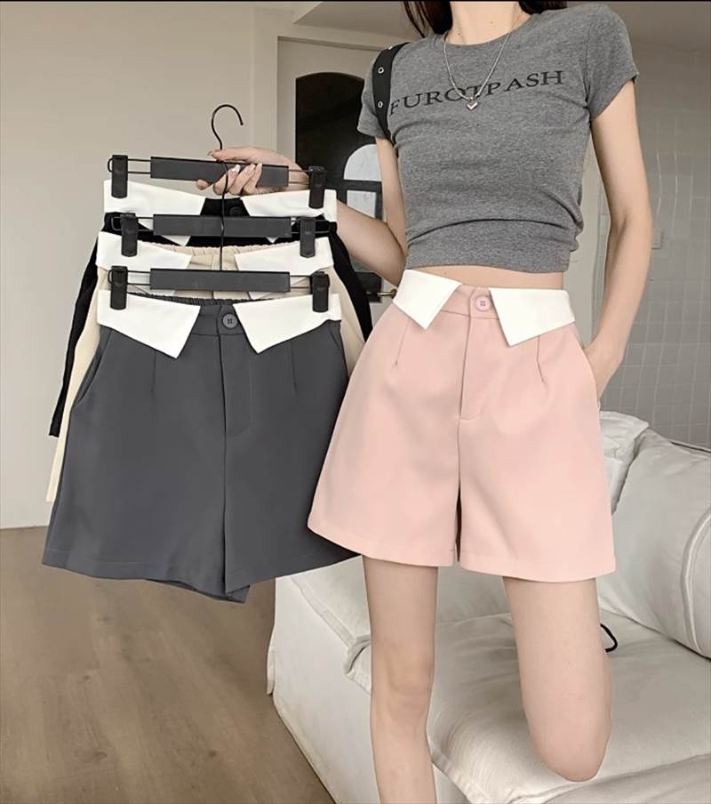 Meeplot＜ミープロット＞の【P2倍&クーポン有】キュロット ショートパンツ 折り返し デザイン ウエスト ボトムス パンツ レディース 台形 個性的 春 夏 ひざ上 Aライン すっきり ファスナー ボタン カラバリあり ブラック 黒 グレー 灰色 オフホワイト ピンク くすみカラー 春カラー S M L XL LL｜アングル2