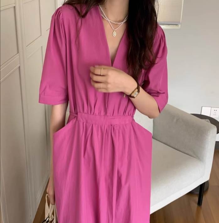 【P2倍&クーポン有】フレアワンピース 五分袖 Vネック ロング丈 ワンピース レディース 個性的 春 夏 襟なし ノーカラー フレア 落ち感 ウエスト リボン...