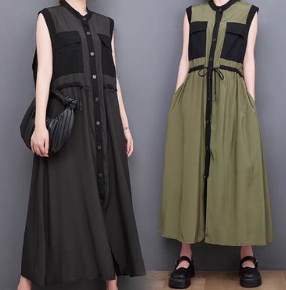 【P2倍&クーポン有】ノースリーブ シャツワンピース クルーネック 切り替えデザイン ワンピース レディース 個性的 春 夏 ロング丈 袖なし 丸首 バンドカラ...