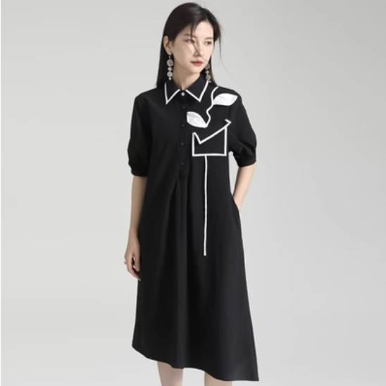 【P2倍&クーポン有】ワンピドレス パフスリーブ ワンピース レディース 個性的 春 夏 ひざ下 アシンメトリー 五分袖 二の腕カバー 襟付き スタンドカラー ...