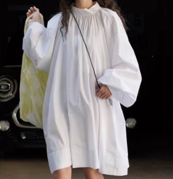 【P2倍&クーポン有】 トップス ワンピース レディース シャツ ブラウス 個性的 オールシーズン 裾長め お尻カバー ポッコリお腹カバー 長袖 バルーン袖 ふわ袖 Aライン BIGシルエット オーバーサイズ 白色 無地 M 体型カバー 1枚で決まる 普段使い 日常使い 定番