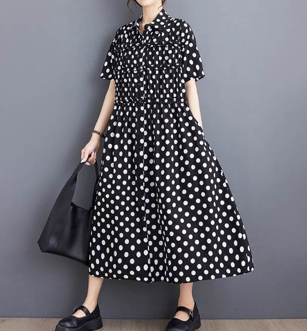 【P2倍&クーポン有】ドット柄 水玉 シャツワンピース ワンピース レディース 個性的 夏 ミモレ丈 ロング丈 半袖 レギュラーカラー フレア Aライン 前開き...