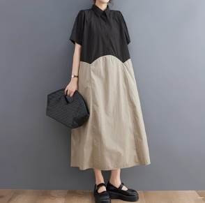 【P2倍&クーポン有】シャツワンピース 切り替えデザイン ワンピース 個性的 春 夏 ミモレ丈 ロング丈 半袖 襟付き ポロカラー Aライン 前開き オーバーサイズ ボリューム ボタン ハリ感 ブラック 黒 ベージュ バイカラー 無地 大きめ ゆったり フリーサイズ 旅行