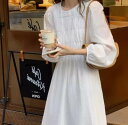 【P2倍&クーポン有】オーガンジー ふわ袖 ワンピース レディース 春 夏 淡色コーデ ロング丈 長袖 二の腕カバー シアー袖 丸首 ラウンドネック 襟なし フ...