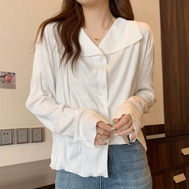 Long-Sleeved - 【P2倍&クーポン有】ブラウス 大きな襟 トップス レディース カットソー 春 秋 普通丈トップス 長袖 萌袖 Vネック 襟付き スリム タイト 細身 ストレート シアー ホワイト 白 無地 サイズ豊富 L XL 2XL 3XL 4XL ビッグサイズ 薄手 しわ感 オフィス 学校 職場 バイト