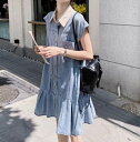 【P2倍&クーポン有】デニムワンピース ワンピース レディース 個性的 夏 ひざ丈 ひざ上 半袖 パフスリーブ ポロカラー フレア Aライン 前開き フリル ネ...