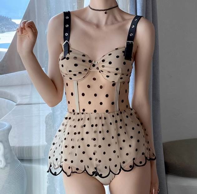 【P2倍&クーポン有】ドット ワンピース 水着 スイムウェア レディース チュール シフォン フリル ベルト シースルー かわいい 大人可愛い おしゃれ レトロ ラブリー キュート 個性的 フェミニン 着痩せ スタイルアップ 体型カバー M L XL スリム ブラック 黒 ベージュ