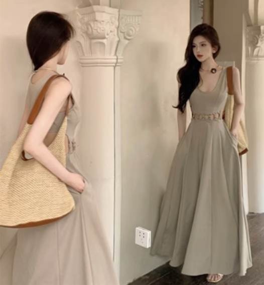 【P2倍&クーポン有】ワンピドレス 個性的 ワンピース レディース ノースリーブ 夏 ミモレ丈 ロング丈 アンクル丈 袖なし Uネック 襟なし デコルテきれい ...