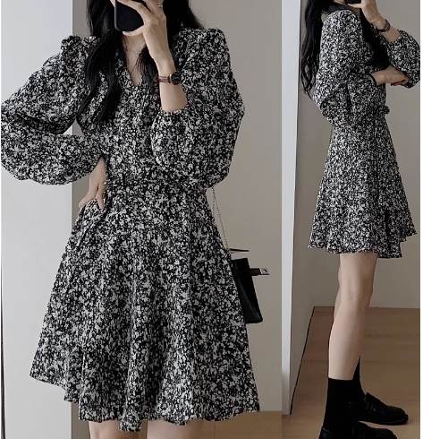 【P2倍&クーポン有】フレアワンピース 小花柄 ワンピース レディース 春 秋 ミニ ひざ上 長袖 ボリューム袖 Vネック 襟なし デコルテきれい フレア プリ...