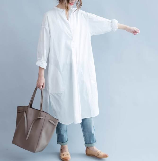 【P2倍&クーポン有】ミディアム丈 シャツワンピース トップス レディース シャツ 白シャツ 個性的 春 夏 ひざ下 ミモレ丈 お尻カバー ポッコリお腹カバー ...