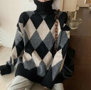 【P2倍&クーポン有】タートルネック ミディアム丈 ニット トップス レディース セーター プルオーバー 個性的 秋 冬 裾ワイド 長袖 萌袖 ボリューム袖 ハイネック ストレート BIGシルエット 伸縮性 カラバリあり ブラック ブラウン 柄あり 幾何学模様 サイズ豊富 M