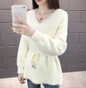 【P2倍&クーポン有】 Vネック ニット トップス レディース セーター 個性的 春 秋 ミディアム丈 長丈トップス お尻カバー 長袖 萌袖襟なし 細身 リボン...