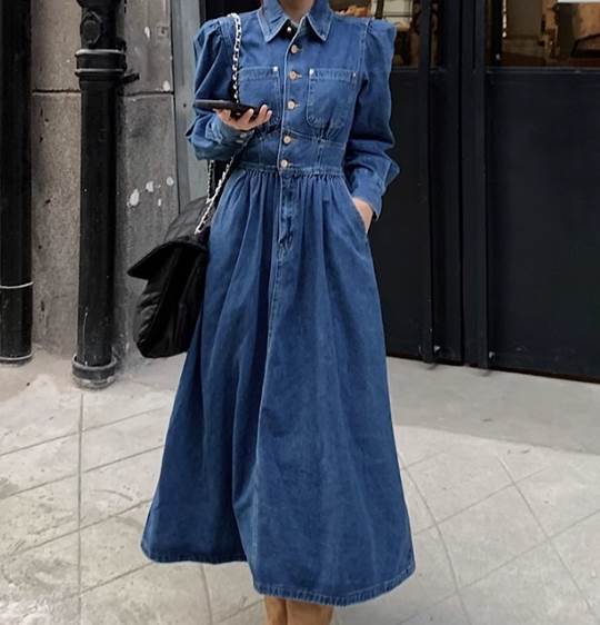 【P2倍&クーポン有】ブルーデニム ミモレ丈 ワンピース レディース シャツワンピース 春 秋 冬 長袖 襟付き レギュラーカラー Aライン ポケット ウエスト...