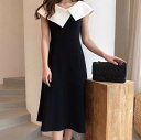 【P2倍&クーポン有】美脚 脚長 Aライン ビッグカラー ワンピース レディース ワンピドレス ひざ下 袖なし 腕出し 襟付き 肩だし 立体的 ブラック 黒 ホワイト 白 無地 S M L パーティー 式典 ホテル レストラン コンサート 1枚で決まる 細見え 高見え