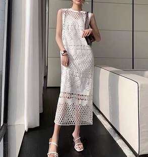 【P2倍&クーポン有】透け感 ミモレ丈 ワンピース レディース 夏 袖なし Iライン 透かし ホワイト 白 S M L XL LL パーティー 式典 イベント ...