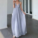 【P2倍&クーポン有】デコルテきれい マキシ丈 ワンピース ドレス レディース 春 夏 袖なし 腕出し Vネック 鎖骨きれい 背中空き 肩だし 肌みせ ツヤ感 ...