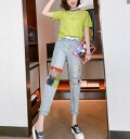 【P2倍&クーポン有】セットアップ ダメージ デニム パンツ トップス ボトムス パンツ 上下セット レディース Tシャツ カットソー プルオーバー Gパン ス...