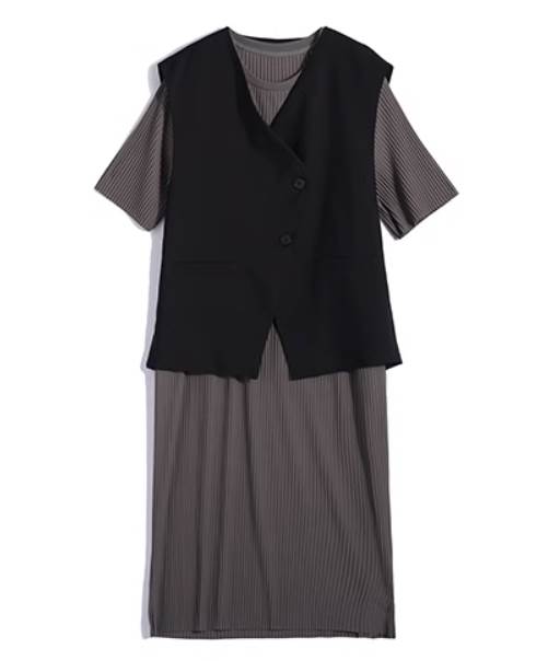【P2倍&クーポン有】ベスト ロング丈 プリーツ ワンピース セットアップ レディース ノースリーブ Tシャツワンピ 春 夏 ミモレ丈 袖なし 半袖 ラウンドネック スリム ストレート 羽織り 前開き レイヤード ボタン 無地 サイズ豊富 XS SS S M L XL LL 2