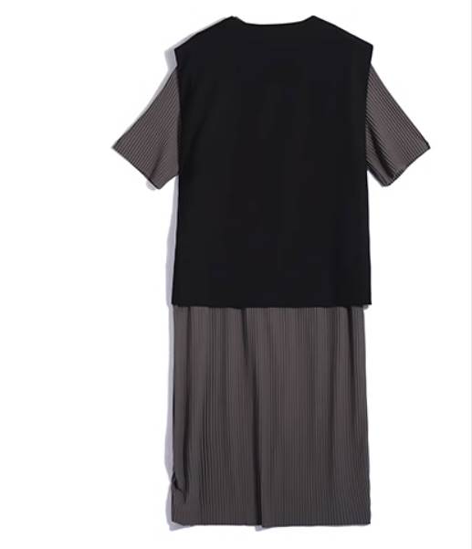 【P2倍&クーポン有】ベスト ロング丈 プリーツ ワンピース セットアップ レディース ノースリーブ Tシャツワンピ 春 夏 ミモレ丈 袖なし 半袖 ラウンドネック スリム ストレート 羽織り 前開き レイヤード ボタン 無地 サイズ豊富 XS SS S M L XL LL 2