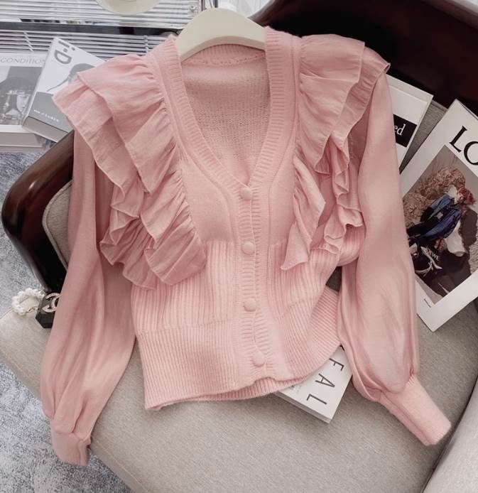 Nylon, Rayon, Polyester - 【P2倍&クーポン有】フリル ニット カーディガン トップス レディース 上着 春 秋 冬 短丈トップス 長袖 バルーン袖 ぽわん袖 Vネック スリム 羽織り 前開き 伸縮性 ボタン 立体的 色展開 カラバリあり ホワイト 白 緑 グリーン ピンク くすみカラー 無