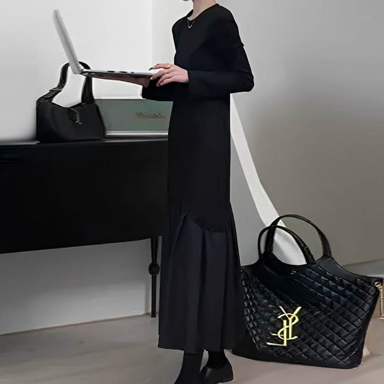 【P2倍&クーポン有】ロング丈 フレアワンピース ワンピース ギャザー 個性的 春 冬 アンクル丈 長袖 フレア ブラック 黒 無地 S M L XL LL 異...