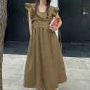 【P2倍&クーポン有】ノースリーブ ワンピース カシュクール 個性的 春 夏 秋 ロング丈 お尻カバー ポッコリお腹カバー フリル袖 Vネック デコルテきれい ...