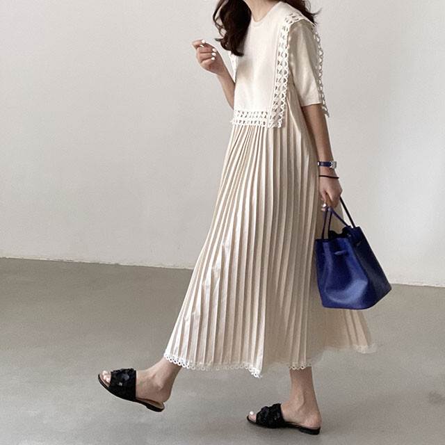 【P2倍&クーポン有】レース ロング丈 ワンピース レディース 個性的 春 夏 アンクル丈 お尻カバー ポッコリお腹カバー 半袖 五分袖 二の腕カバー 襟なし ...