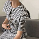 【P2倍&クーポン有】ギンガムチェック ミモレ丈 ワンピース 個性的 春 夏 秋 半袖 五分袖 二の腕カバー ケープ襟 大きな襟 すっきり ウエスト 黒 白 柄...