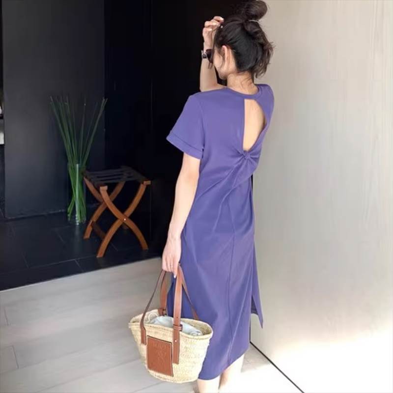 【P2倍&クーポン有】バックコンシャス 半袖 ワンピース ドレス 個性的 春 夏 ひざ下 お尻カバー ラウンドネック サイドスリット 背中空き オレンジ パープ...