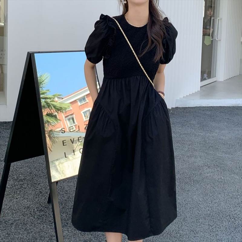 【P2倍&クーポン有】ワンピース レディース フレアワンピース 個性的 春 夏 ひざ下 ミモレ丈 お尻カバー ポッコリお腹カバー 二の腕カバー ふわ袖 襟なし ...