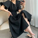 【P2倍&クーポン有】パフスリーブ ミモレ丈 ワンピドレス ワンピース ドレス レディース 個性的 春 夏 ひざ下 お尻カバー 半袖 ボリューム袖 ラウンドネッ...