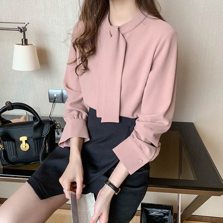Long-Sleeved - 【P2倍&クーポン有】トップス レディース ブラウス 送料無料 個性的 春 秋 冬 普通丈トップス 長袖 ボリューム袖 ランタンスリーブ ボウタイ 襟なし 襟付き タイト ストレート シフォン ピンク 薄ピンク 無地 S M L XL（LL） 薄手 モテ 流行 トレンド 高見
