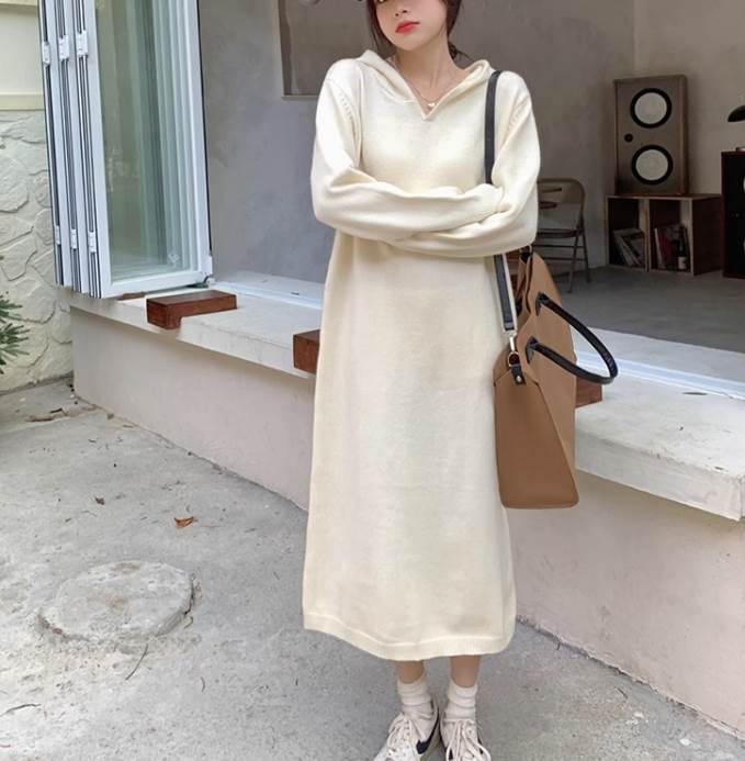 【P2倍&クーポン有】スカート ワンピース ルームウェア レディース ニット フーディー 部屋着 送料無料 個性的 ロング アンクル 長袖 Vネック Aライン ...