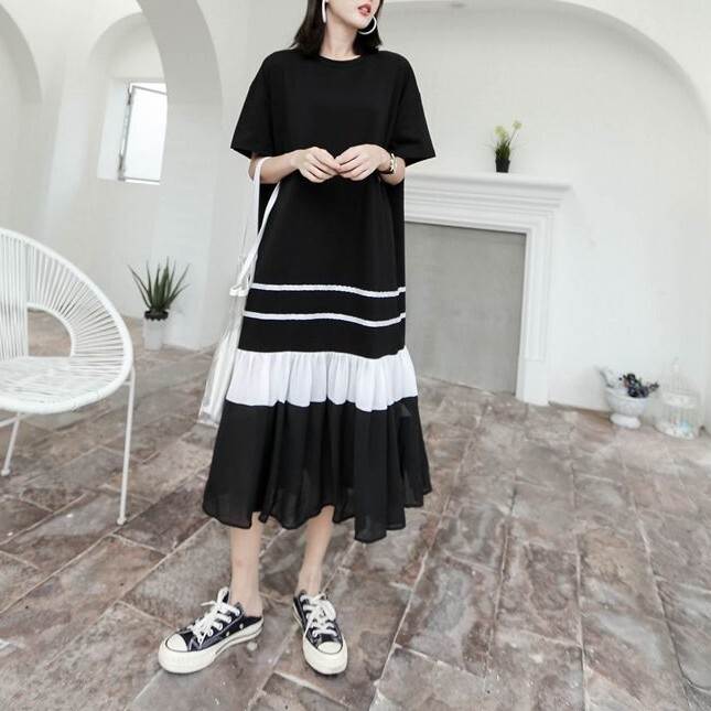 【P2倍&クーポン有】フリル バイカラー フレアワンピース ワンピース レディース 個性的 春 夏 ひざ下 ミモレ丈 ロング丈 お尻カバー ポッコリお腹カバー ...