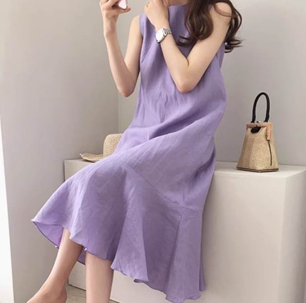 【P2倍&クーポン有】Aライン フリル ワンピース ドレス レディース ノースリーブ 個性的 夏 ミモレ丈 ミディアム丈 お尻カバー ポッコリお腹カバー 袖なし 腕出し ラウンドネック フレア ハイウエスト 肩だし 肌みせ パープル 無地 S M L XL ゆったり 薄手 綿 リネン