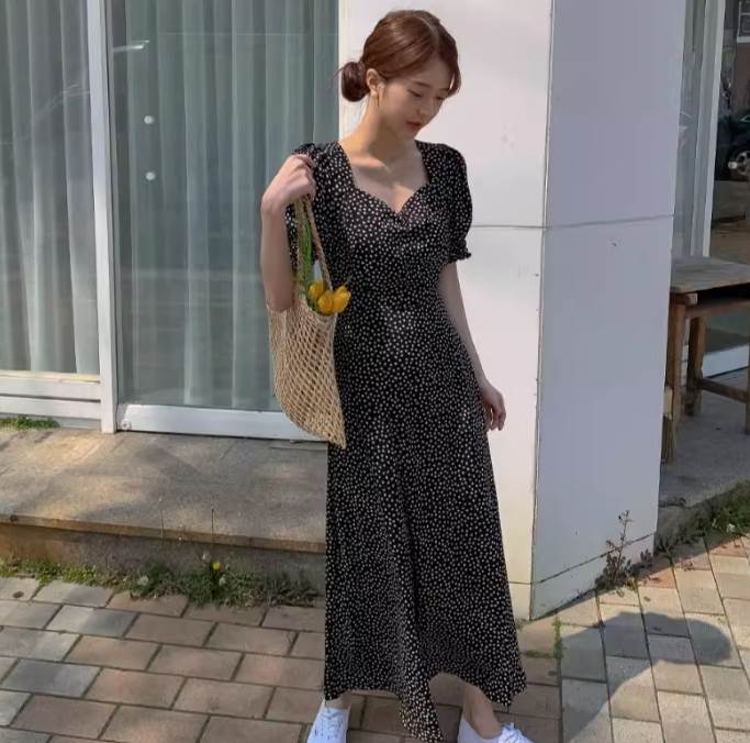 【P2倍&クーポン有】ワンピース ドレス レディース プルオーバー ロング 送料無料 個性的 アンクル ミディアム 半袖 ぽわん袖 ボリューム袖 スクエアネック...