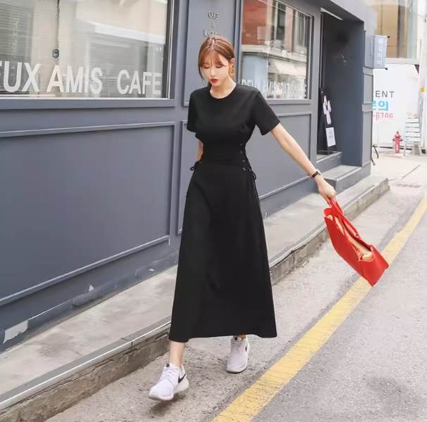 【P2倍&クーポン有】ワンピース レディース カットソー プルオーバー スウェットワンピ 送料無料 個性的 ロング アンクル 半袖 ラウンドネック 細身 Iライ...