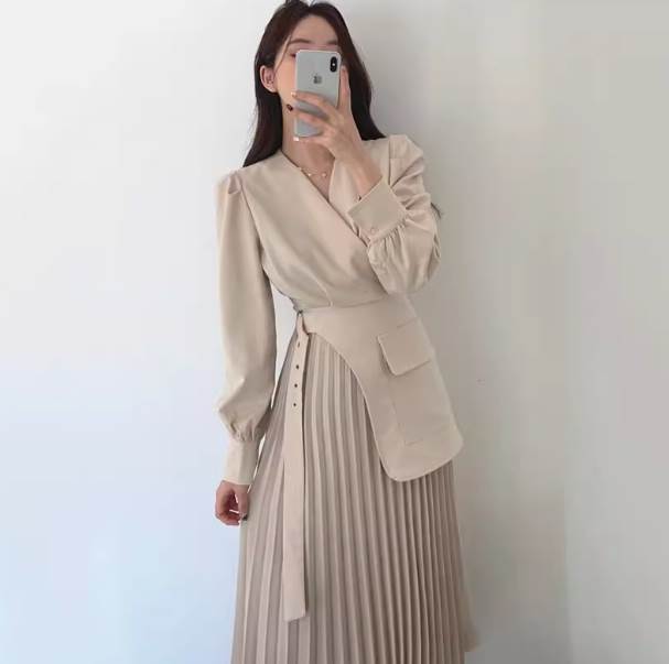 【P2倍&クーポン有】ワンピース ドレス レディース ワンピドレス 送料無料 個性的 ロング アンクル 長袖 Vネック カシュクール Aライン プリーツ 細見え...