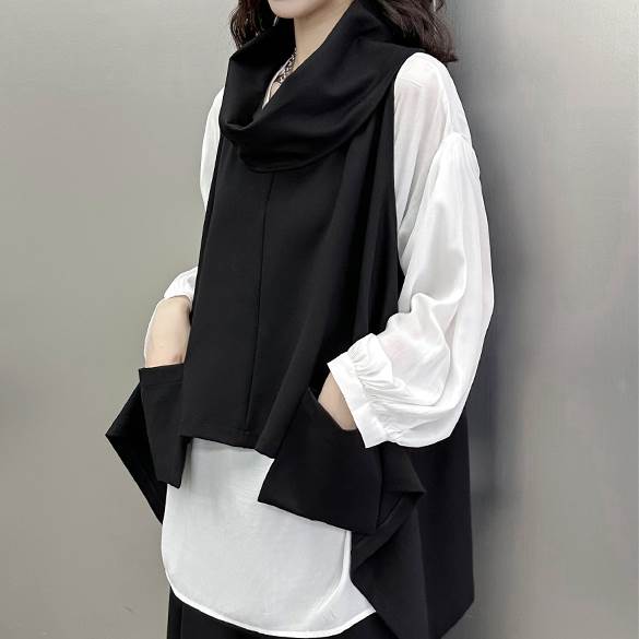 【P2倍&クーポン有】トップス レディース チュニック 台形 送料無料 個性的 春 夏 アシンメトリー 裾長め 袖なし ラウンドネック フレア レイヤード ブラック 無地 フリーサイズ 流行 トレンド 格上げ 着痩せ 効果 コーディネートしやすい スタイル