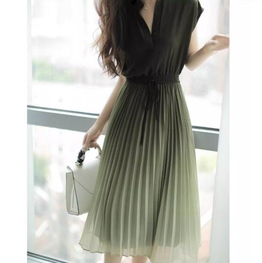 【P2倍&クーポン有】シフォン ウエストマーク プリーツ グラデーション 半袖 Vネック ワンピース ドレス ワンピドレス 送料無料 夏 ミモレ ミディアム ミ...