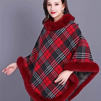 【P2倍&クーポン有】チェック柄 もこもこアウター ケープ フェイクファー トップス アウター レディース プルオーバー マント 上着 裏起毛 ショール ポンチョ もこもこアウター 送料無料 個性的 秋 冬 普通丈トップス 長袖 ラウンドネック 襟なし
