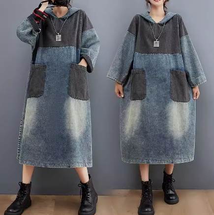 【P2倍&クーポン有】デニム フード ポケット ワンピース レトロ ルーズ ドレス レディース プルオーバー フーディー 送料無料 個性的 秋コーデ ミモレ ミ...