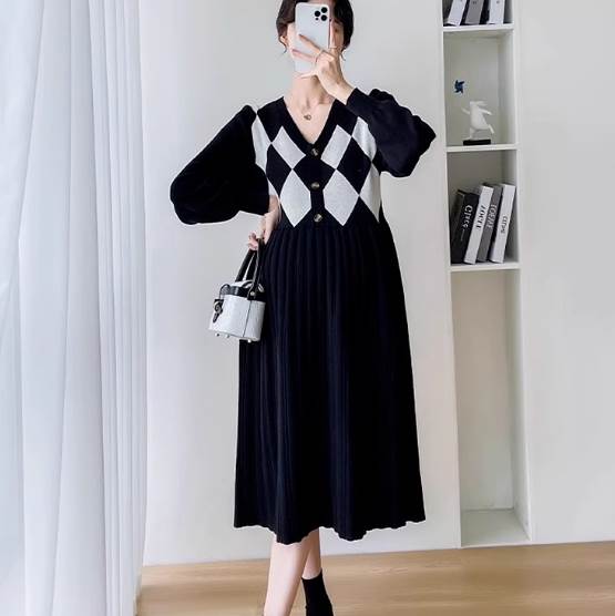 【P2倍&クーポン有】チェック柄 ひし形 ミモレ丈 長袖 Vネック Aライン ボタン フレンチ ワンピース ドレス ニット セーター ニットワンピ 送料無料 個...