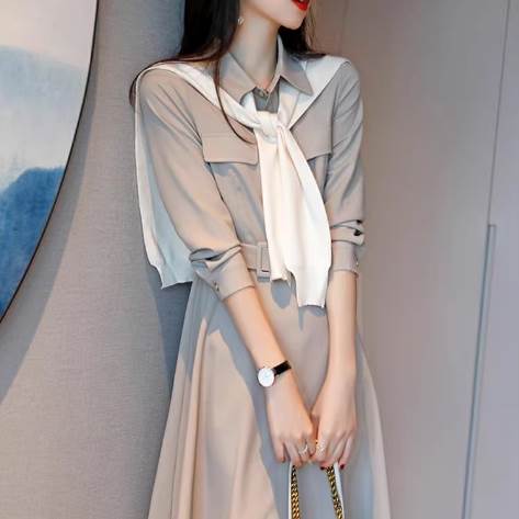 【P2倍&クーポン有】ウエストマーク ベルト 長袖 フレンチスタイル レトロ ワンピース ドレス シャツワンピース 送料無料 秋コーデ 冬コーデ ミモレ ミディ...