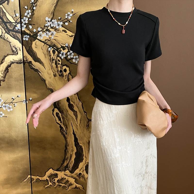 【P2倍&クーポン有】レディース ラウンドネック Tシャツ サイド シャーリング 夏 半袖 Uネック 襟なし 細身 サイド 横 ブラック グレー ホワイト 無地 フリーサイズ オフィス 学校 大学 職場 バイト イベント リゾート 旅行 コンサート ライブ カラオケ 外