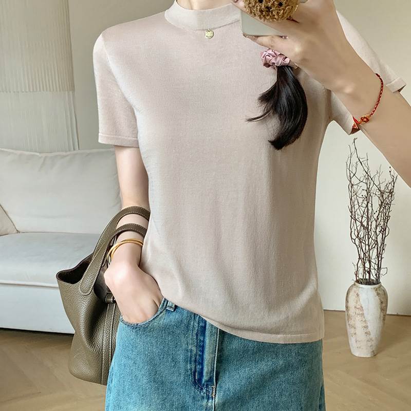 【P2倍&クーポン有】カットソー 春 夏 トップス レディース 普通丈トップス 半袖 クルーネック 丸首 襟なし スリム タイト 細身 カラバリあり ブラック ホワイト アプリコット パープル ライトグリーン 無地 M L 薄手 旅行 レストラン 外出 1枚で決まる 日常使い