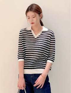 【P2倍&クーポン有】トップス ニット セーター 秋 オールシーズン ミドル丈 五分袖 Vネック 襟付き デ..