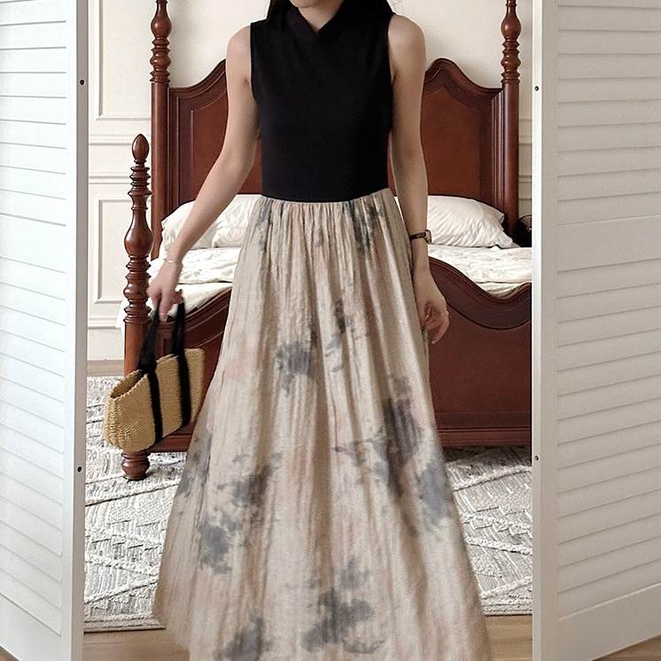 【P2倍&クーポン有】ワンピース レディース ワンピドレス 個性的 春 夏 ロング丈 袖なし 腕出し 切り替えデザイン ラウンドネック 襟なし フレア シフォン...