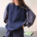 【P2倍&クーポン有】トップス レディース カットソー プルオーバー ワイド 個性的 春 秋 冬 長袖 ボリューム袖 ラウンドネック 切り替えデザイン ネイビー オフホワイト 無地 フリーサイズ 異素材MIX オフィス 学校 大学 外遊び 流行 トレンド 普段使い 楽ちん 送